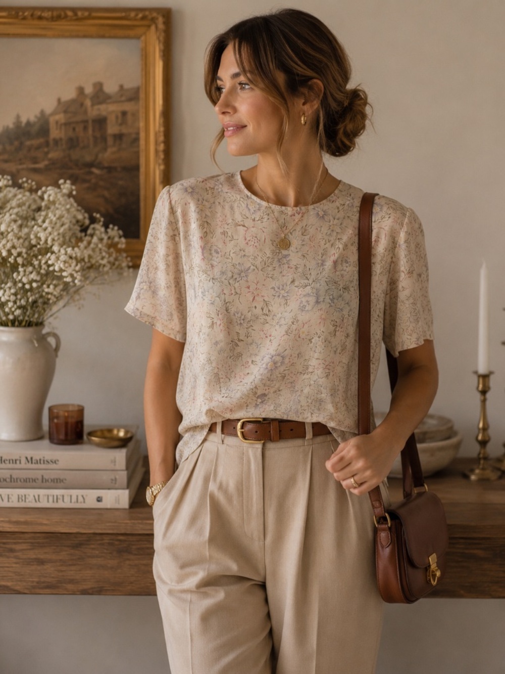 100% Silk VTG Liz Claiborne Collection Cream Floral Button Up Back Blouse 10